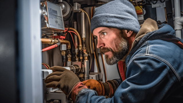 Professional plumber servicing a water heater to ensure it's winter-ready.